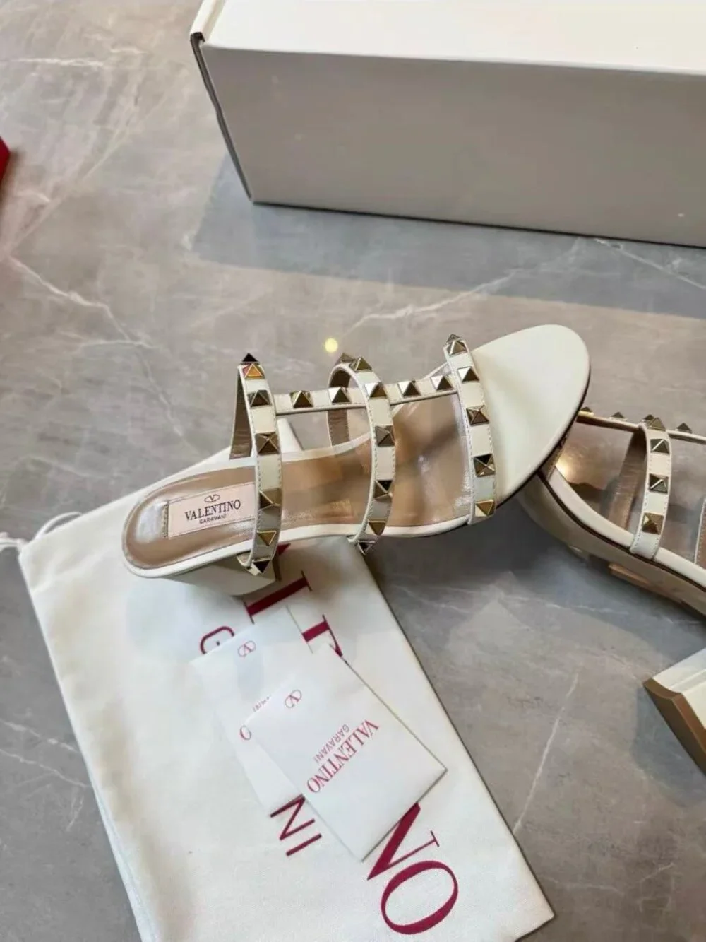 Valentino Rockstud White Leather Block‑Heel Mule Sandals